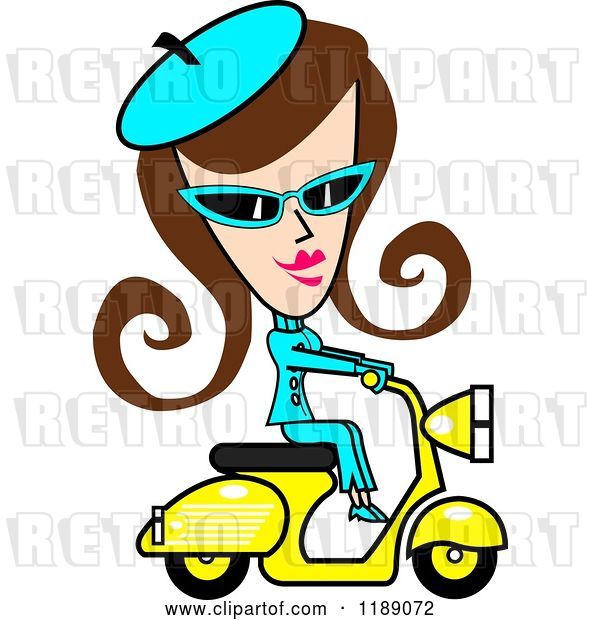 Vector Clip Art of Retro Brunette Lady Dressed in Blue, Riding a Yellow Scooter