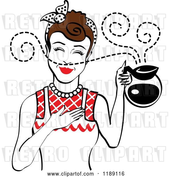 Vector Clip Art of Retro Brunette Waitress or Housewife Smelling the Aroma of Fresh Hot Coffee in a Pot 2