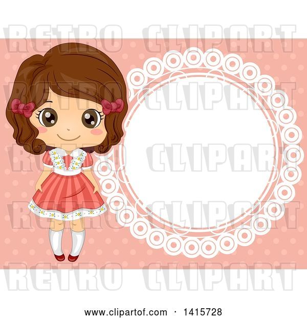 Vector Clip Art of Retro Brunette White Girl by a Round Frame on Pink