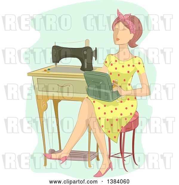Vector Clip Art of Retro Brunette White Lady Sitting with a Box by a Sewing Machine