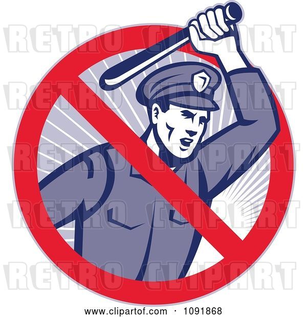 Vector Clip Art of Retro Brutal Police Officer and Prohibited Symbol