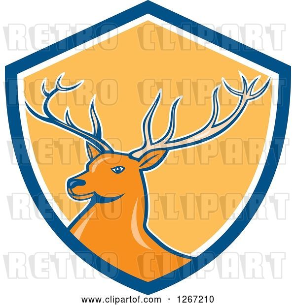 Vector Clip Art of Retro Buck Deer in a Blue White and Yellow Shield