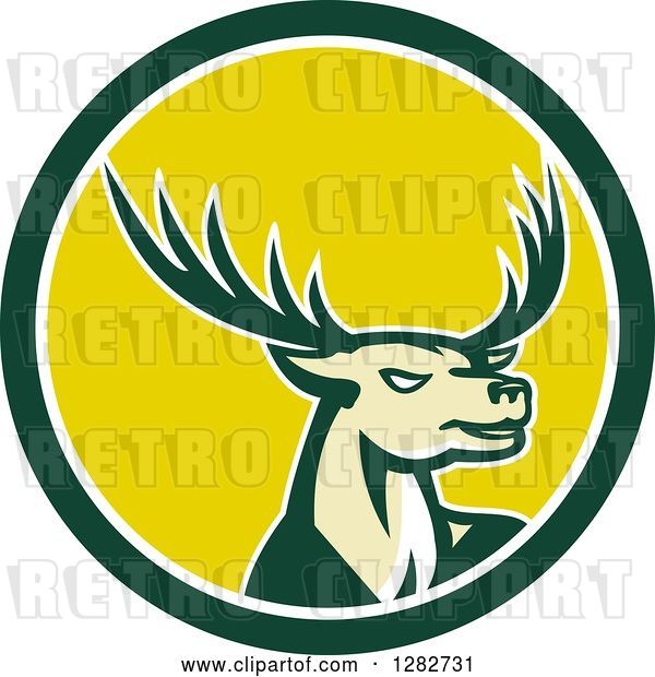 Vector Clip Art of Retro Buck Deer in a Green White and Yellow Circle