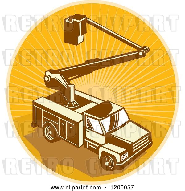 Vector Clip Art of Retro Bucket Truck over an Oval of Rays