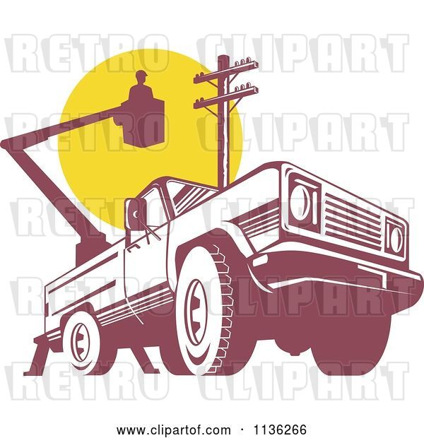 Vector Clip Art of Retro Bucket Truck with an Electrican and Pole
