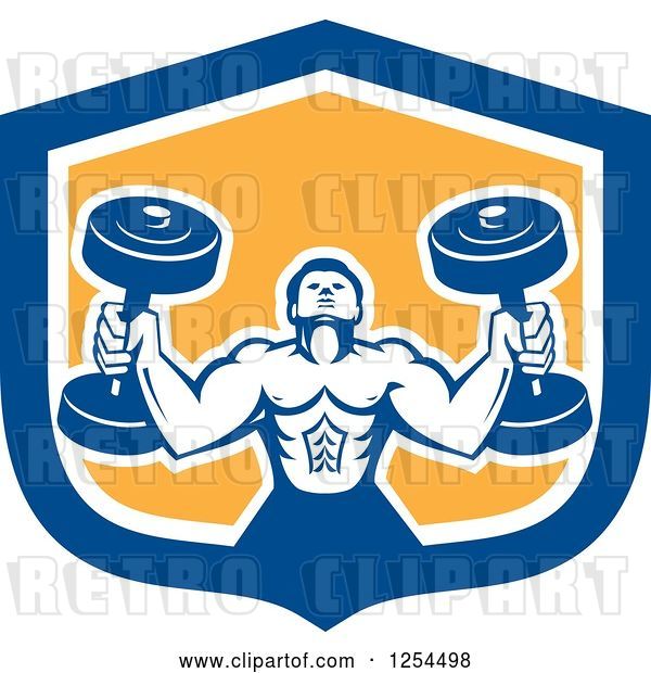 Vector Clip Art of Retro Buff Bodybuilder Lifting Heavy Weights in a Blue and Yellow Shield