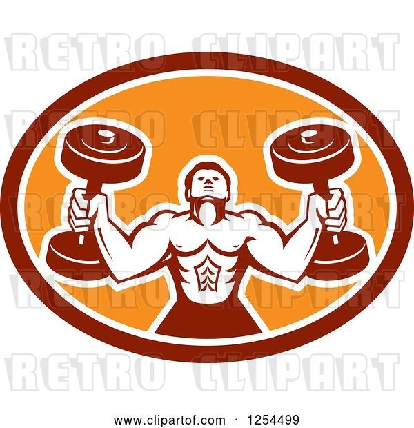 Vector Clip Art of Retro Buff Bodybuilder Lifting Heavy Weights in a Red and Orange Oval Shield