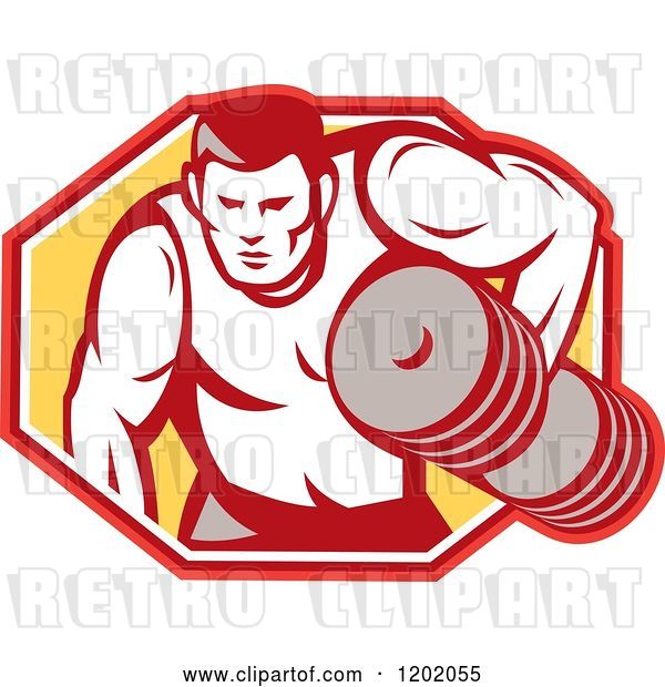 Vector Clip Art of Retro Buff Bodybuilder Lifting Heavy Weights over a Hexagon
