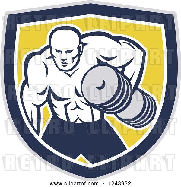 Vector Clip Art of Retro Buff Bodybuilder Lifting Heavy Weights over a Shield