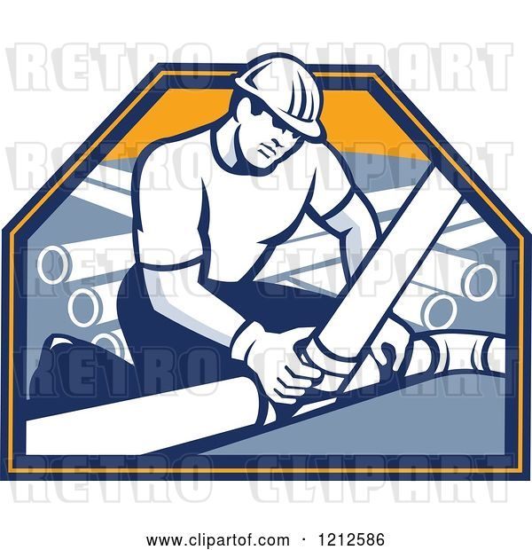 Vector Clip Art of Retro Builder Connecting Drain Pipes