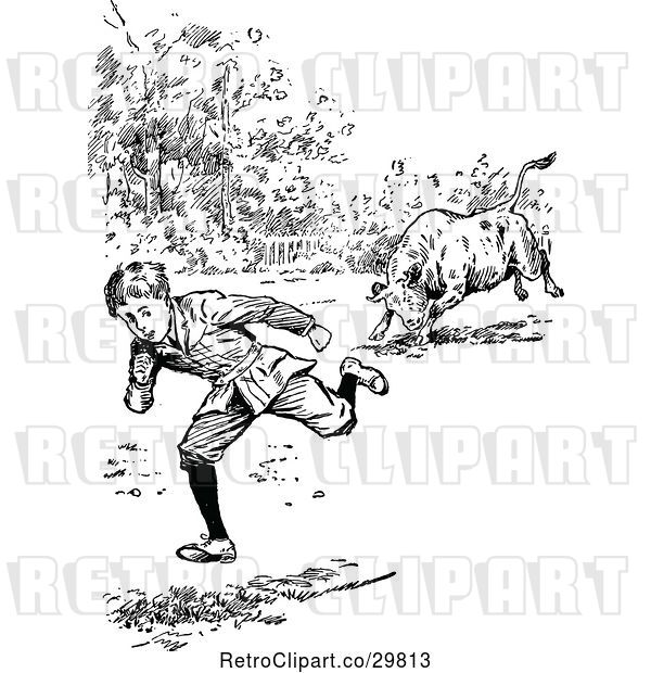Vector Clip Art of Retro Bull Chasing a Boy