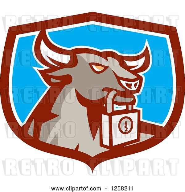 Vector Clip Art of Retro Bull with a Padlock in a Maroon White and Blue Shield