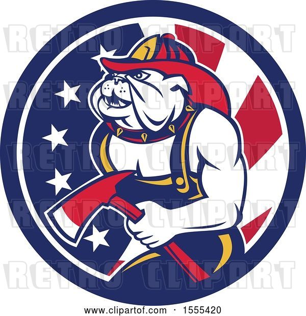 Vector Clip Art of Retro Bulldog Firefighter Holding an Axe in an American Flag Circle