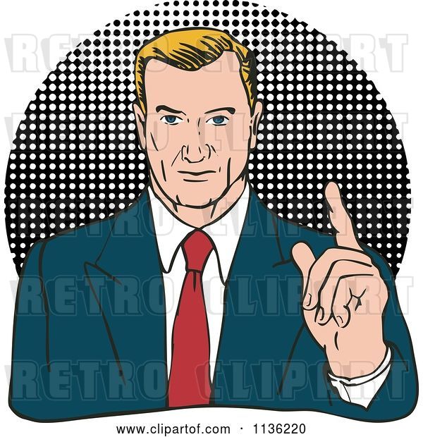 Vector Clip Art of Retro Business Man Holding up a Finger over Halftone