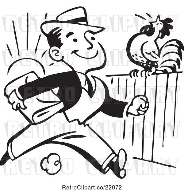 Vector Clip Art of Retro Business Man Passing a Rooster on a Fence
