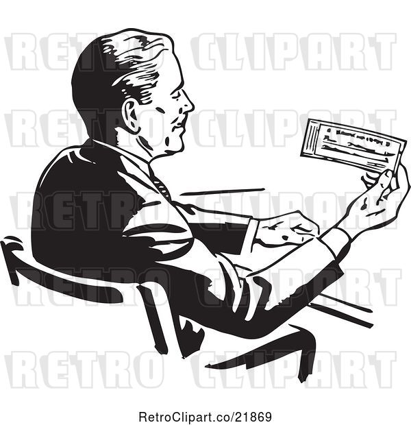 Vector Clip Art of Retro Business Man Sitting at a Desk and Holding a Check