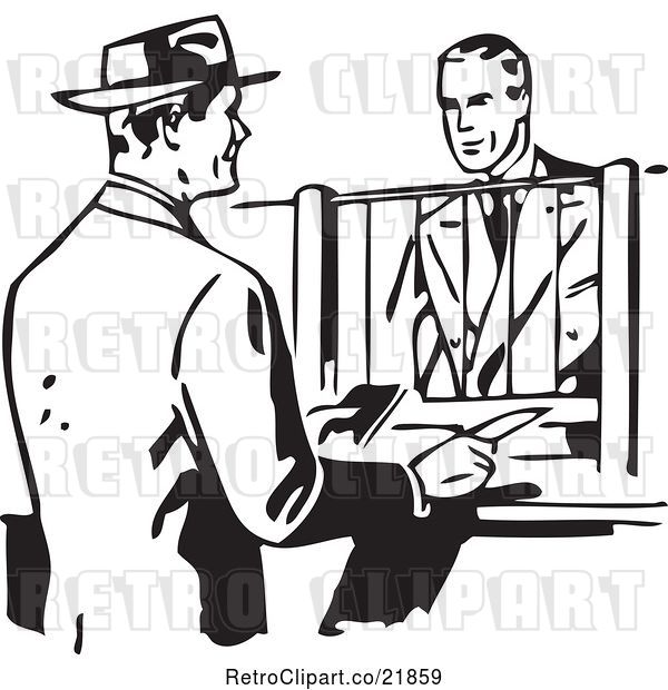 Vector Clip Art of Retro Business Man Talking to a Bank Teller