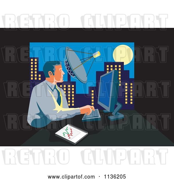 Vector Clip Art of Retro Business Man Working on a Computer in an Urban Office