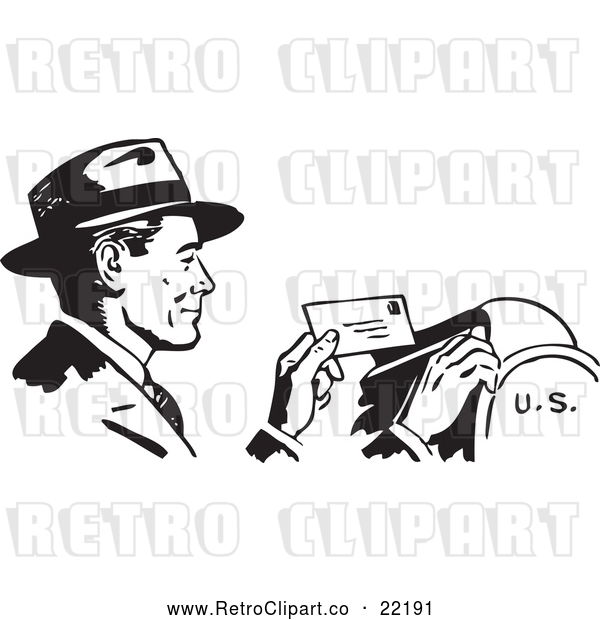 Vector Clip Art of Retro Businessman Dropping Mail in a Box