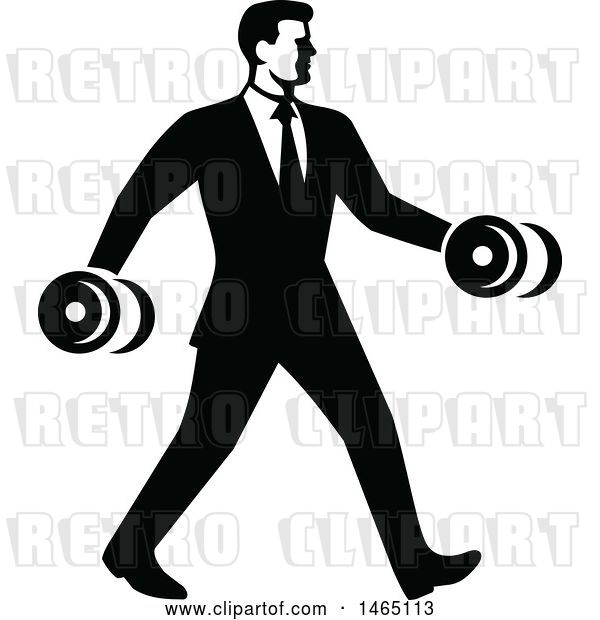 Vector Clip Art of Retro Businessman in a Suit, Power Walking and Carrying Dumbbells, in Style