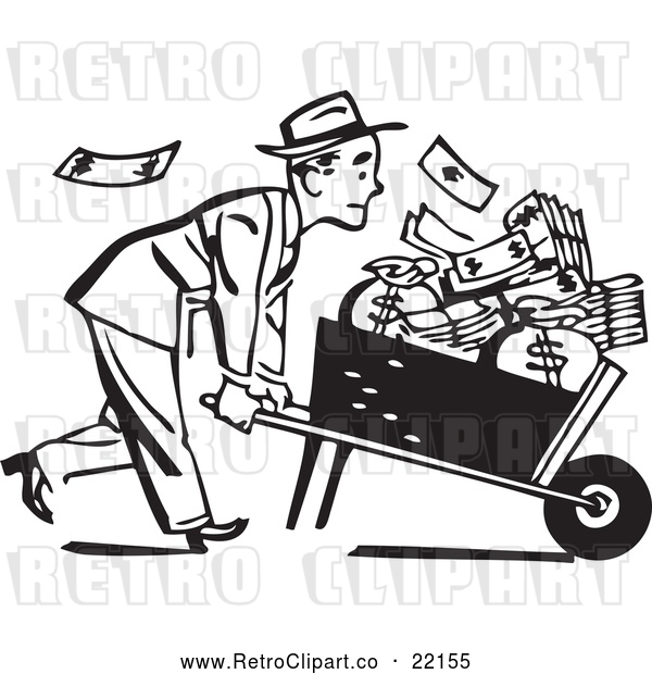 Vector Clip Art of Retro Businessman Pushing a Wheel Barrow of Cash to the Right