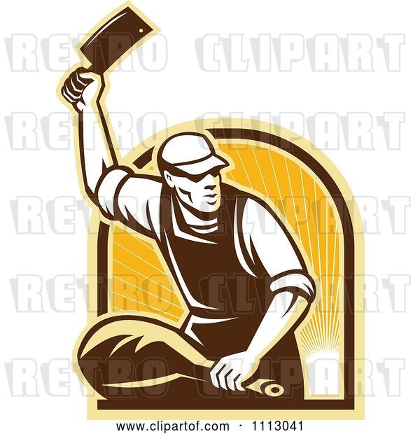 Vector Clip Art of Retro Butcher Cutting a Ham over an Arch of Rays