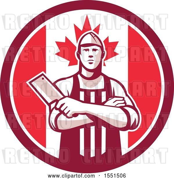 Vector Clip Art of Retro Butcher Holding a Cleaver in Folded Arms Inside a Canadian Flag Circle