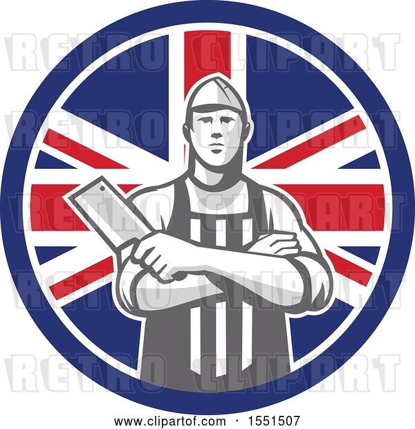 Vector Clip Art of Retro Butcher Holding a Cleaver in Folded Arms Inside a Union Jack Flag Circle