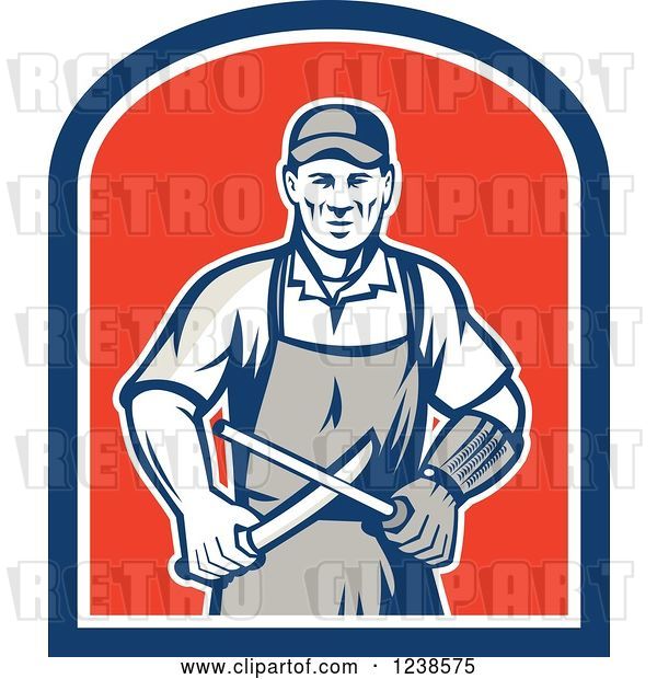 Vector Clip Art of Retro Butcher Sharpening a Knife on a Shield