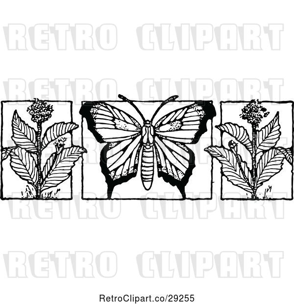 Vector Clip Art of Retro Butterfly and Milkweed Flowers