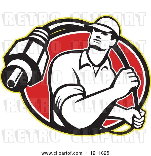 Vector Clip Art of Retro Cable Tv Guy with a Coaxial Cable over a Red Oval