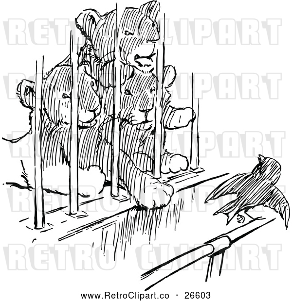 Vector Clip Art of Retro Caged Lion Cubs and a Bird