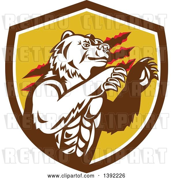 Vector Clip Art of Retro California Grizzly Bear Attacking in a Brown White and Yellow Shield
