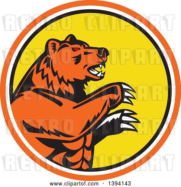 Vector Clip Art of Retro California Grizzly Bear Attacking in an Orange White Black and Yellow Circle