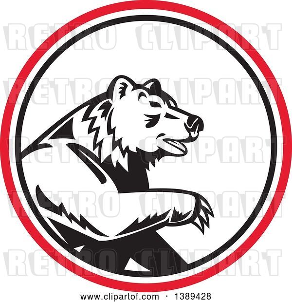 Vector Clip Art of Retro California Grizzly Bear in a Black White and Red Circle
