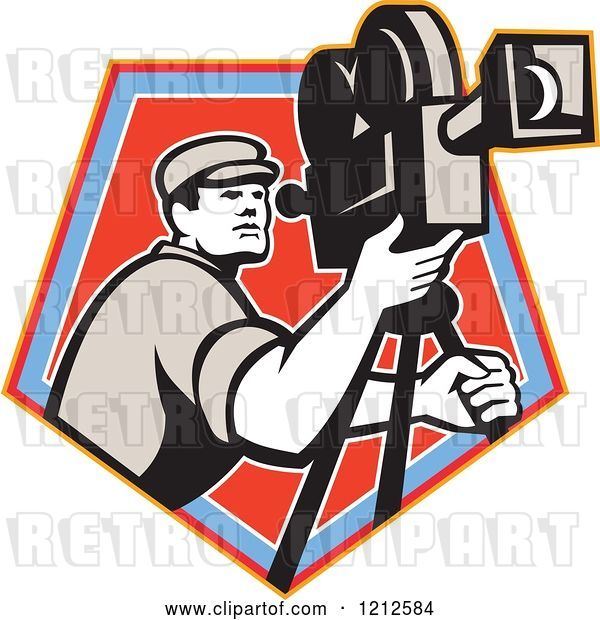 Vector Clip Art of Retro Camera Guy Filming over a Blue and Red Crest