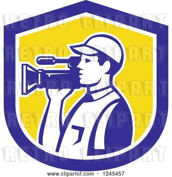 Vector Clip Art of Retro Camera Guy in a Yellow and Blue Shield
