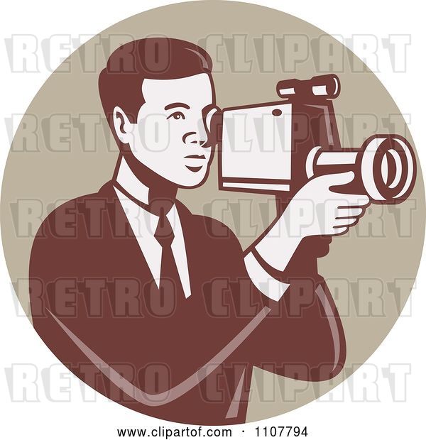 Vector Clip Art of Retro Camera Guy Using a Video Recorder in a Tan Circle