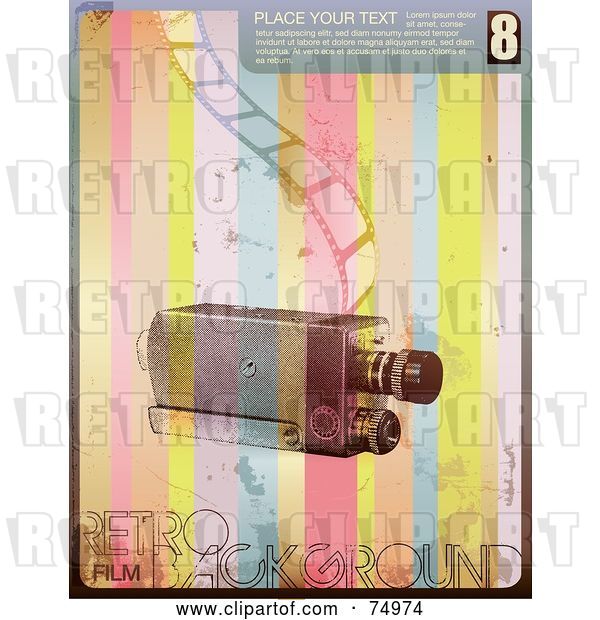 Vector Clip Art of Retro Camera with a Strip of Film over Rainbow Stripes with Sample Text and Grunge