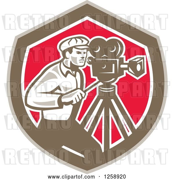 Vector Clip Art of Retro Cameraman Filming in a Brown White and Pink Shield