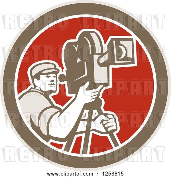 Vector Clip Art of Retro Cameraman Filming in a Brown White and Red Circle