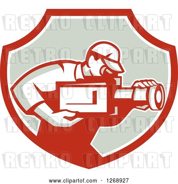 Vector Clip Art of Retro Cameraman Filming in a Red White and Taupe Shield