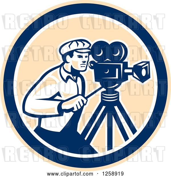 Vector Clip Art of Retro Cameraman Filming in a Tan Blue and White Circle