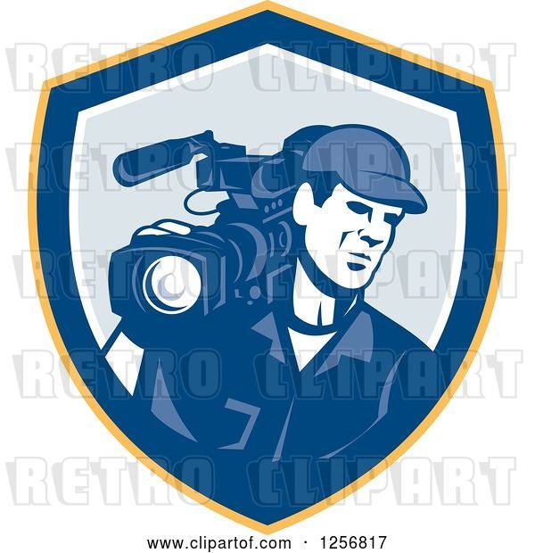 Vector Clip Art of Retro Cameraman Filming in a Yellow Blue and White Shield