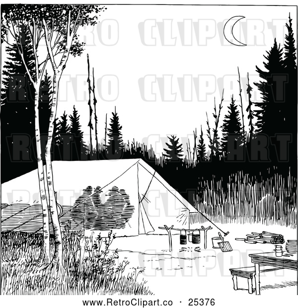 Vector Clip Art of Retro Camp Site with Silhouetted People in a Tent