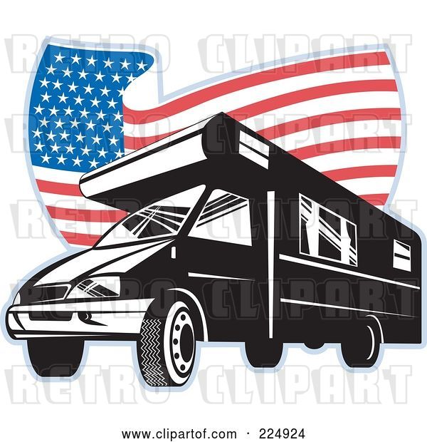 Vector Clip Art of Retro Camper Van and Wavy American Flag Logo