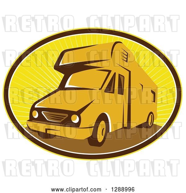 Vector Clip Art of Retro Camper Van in a Brown White and Yellow Sunshine Oval