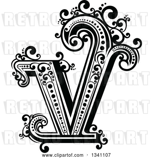 Vector Clip Art of Retro Capital Letter V with Flourishes