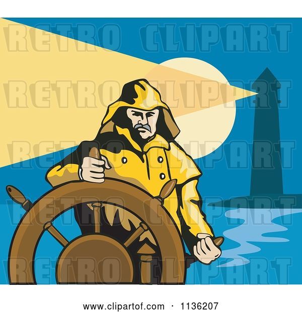Vector Clip Art of Retro Captain and Helm near a Lighthouse