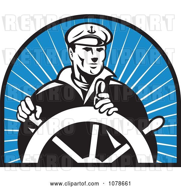 Vector Clip Art of Retro Captain and Helm over Blue Rays Logo